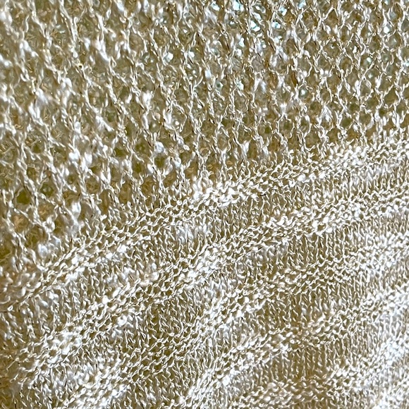 RELATIVITY NWOT FRINGED CROCHET OPEN KNIT POM POM SUMMER SWEATER W GOLD SHIMMER - Picture 8 of 11